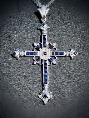 18k White Gold 1.5CTW Natural Sapphire 0.85CTW Diamond Cross Charm Pendant